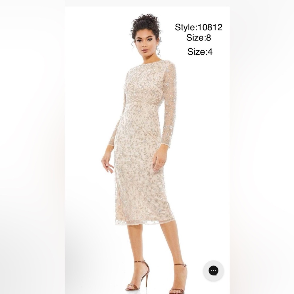 Beaded tea length dress with sheer sleeves